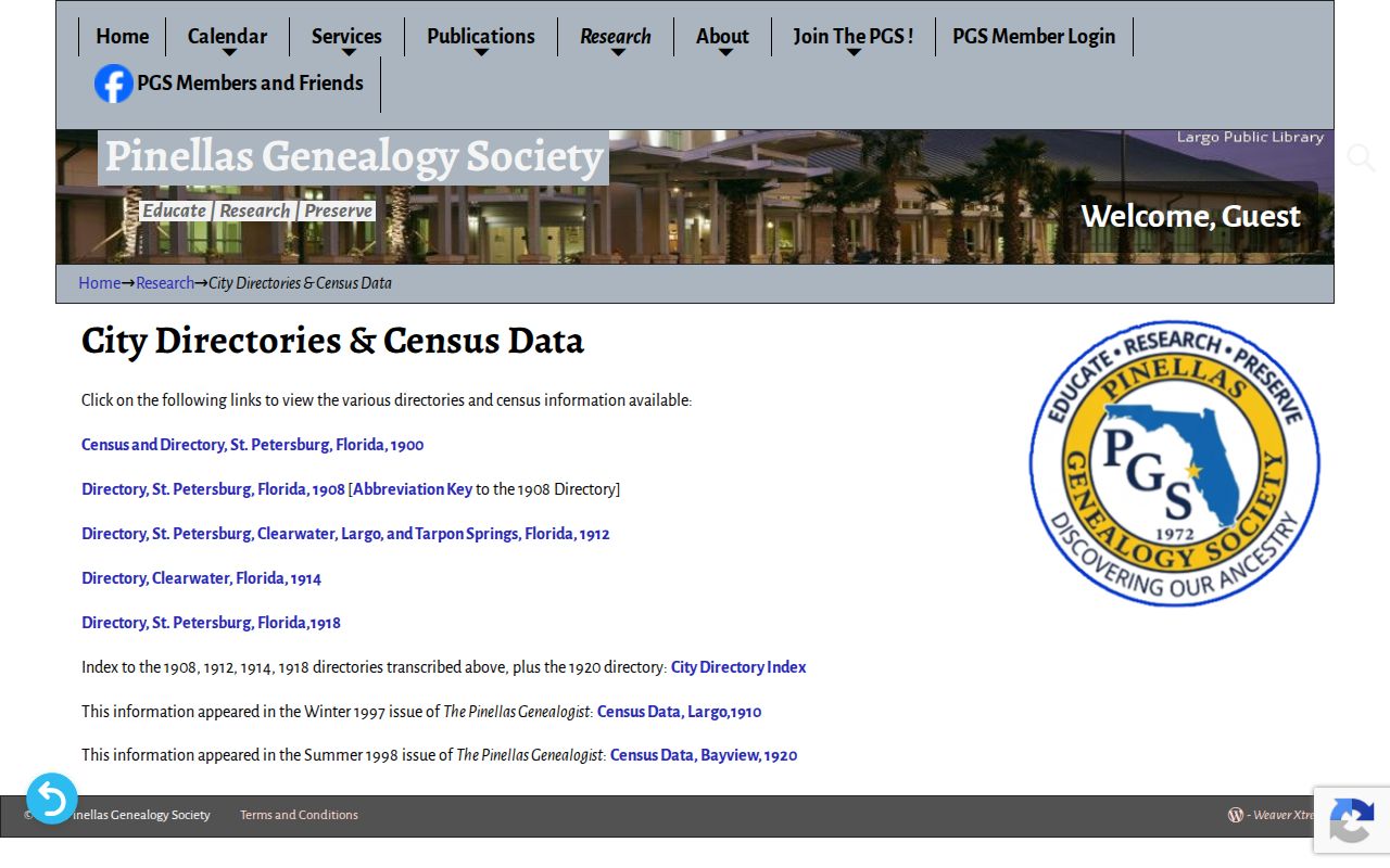 St. Petersburg city directory transcriptions at Pinellas Genealogy Society