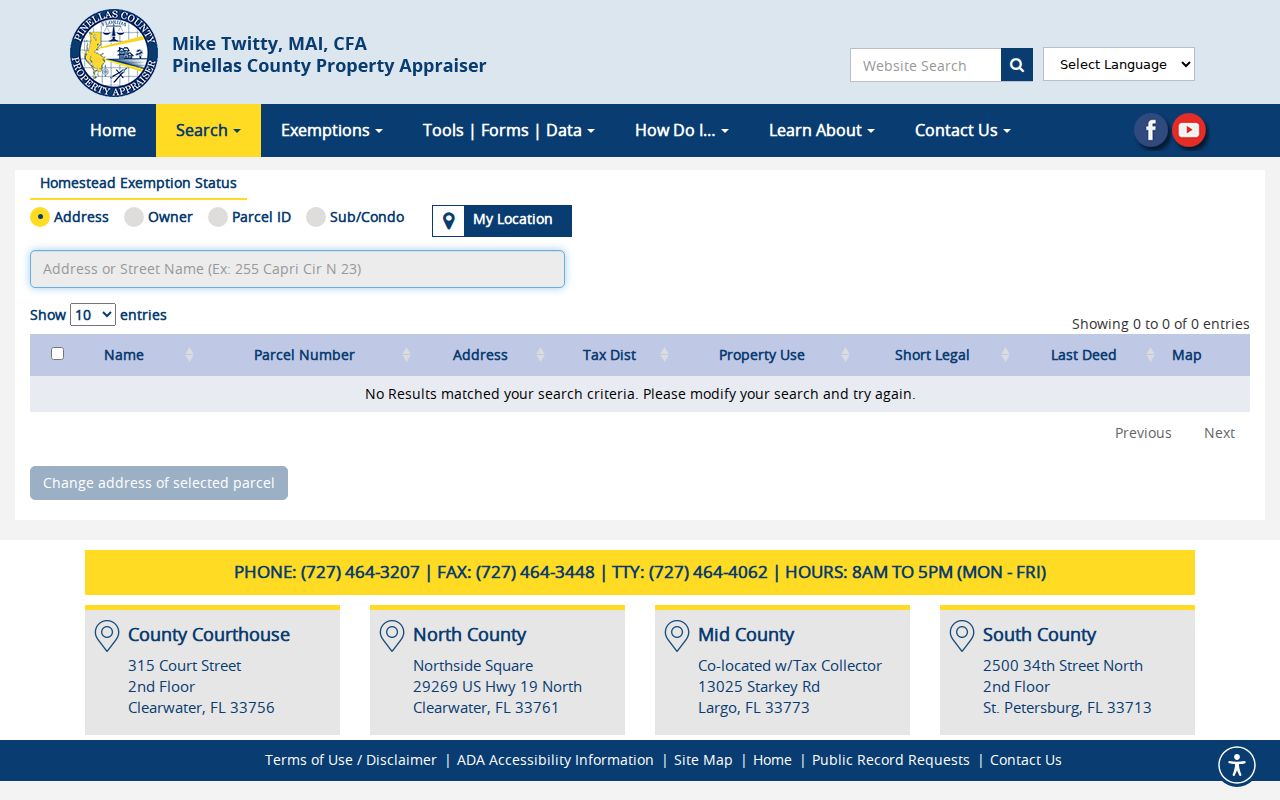 Pinellas County property search fields used for St. Petersburg owner and address research