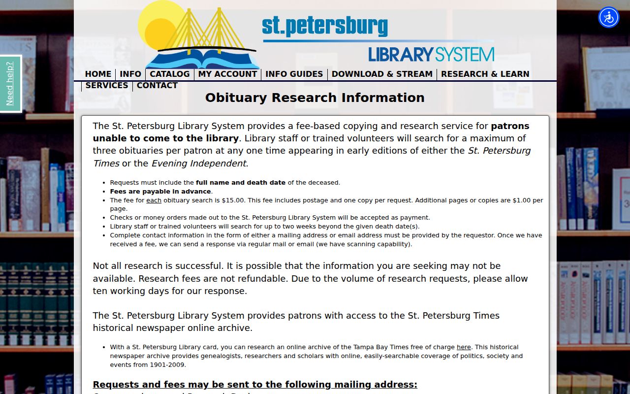 St. Petersburg Library obituary search details for historical resident research