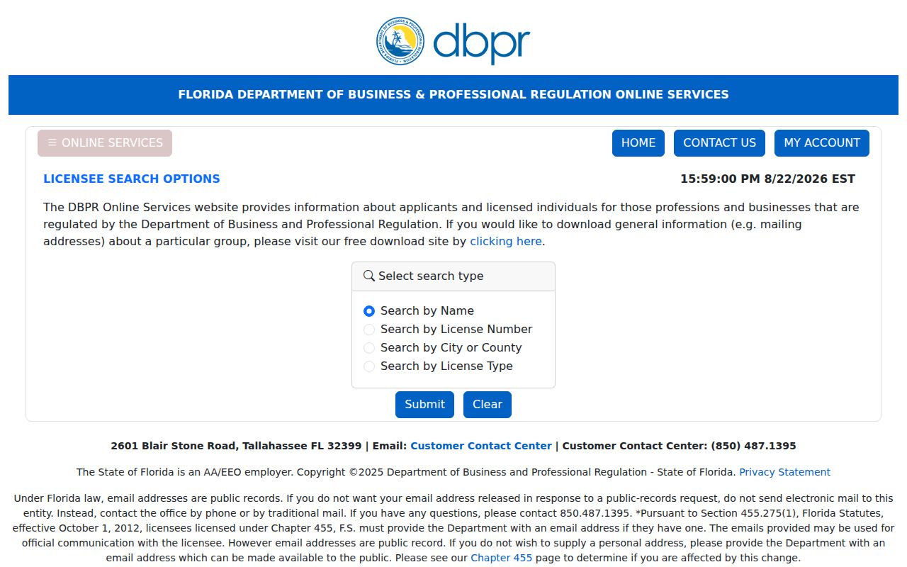 St. Petersburg resident lookup in the Florida professional license search